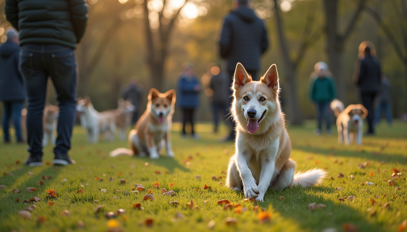 Dogs sitting calmly on the grass in a park with their owners nearby