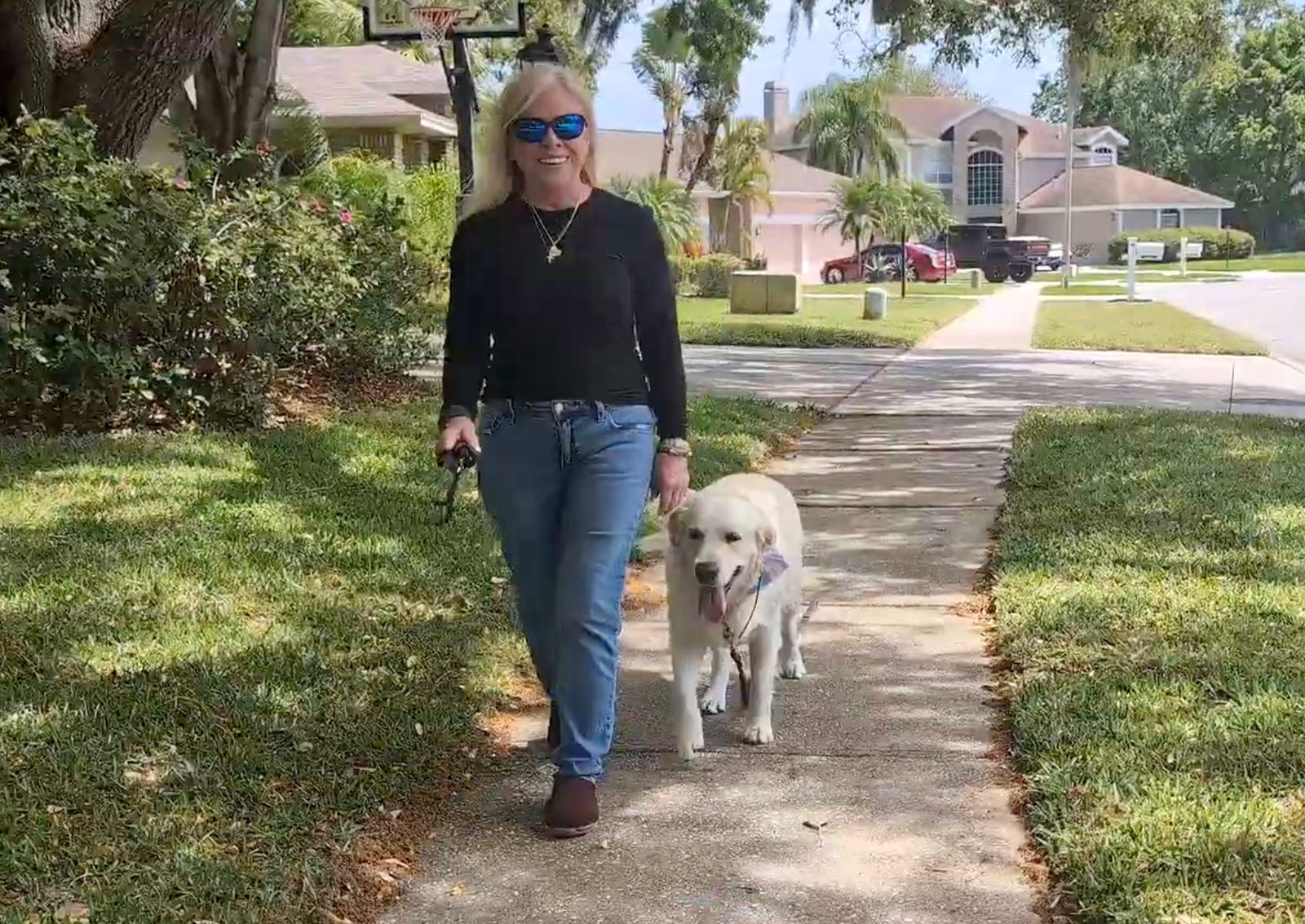 Elaine walking Stella, a cream Golden Retriever, calmly on leash along a Hunter's Green neighborhood sidewalk